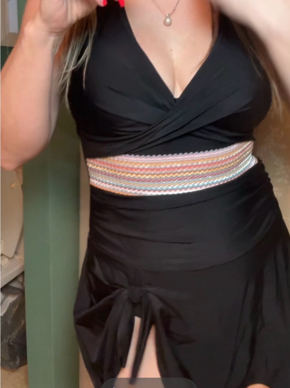 Black One-Piece Swimdress with Multicolor Waistband